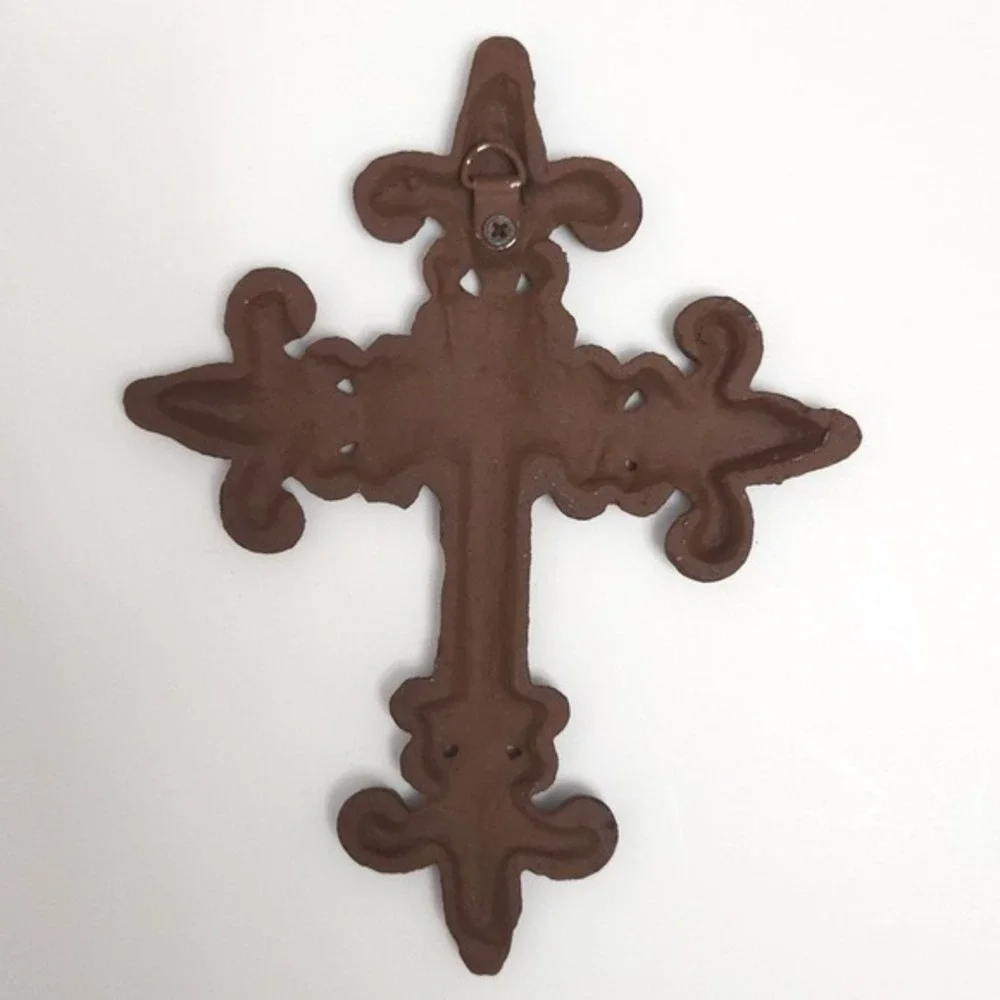 Cast Iron Brown Rusted Metal Fleur‎ de Lis Christian Cross Rustic Wall Art